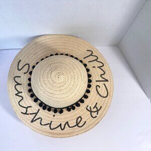 Betsy Johnson Sunshine and Chill Floppy Pom Pom Straw Wide Brim Sunshade Hat